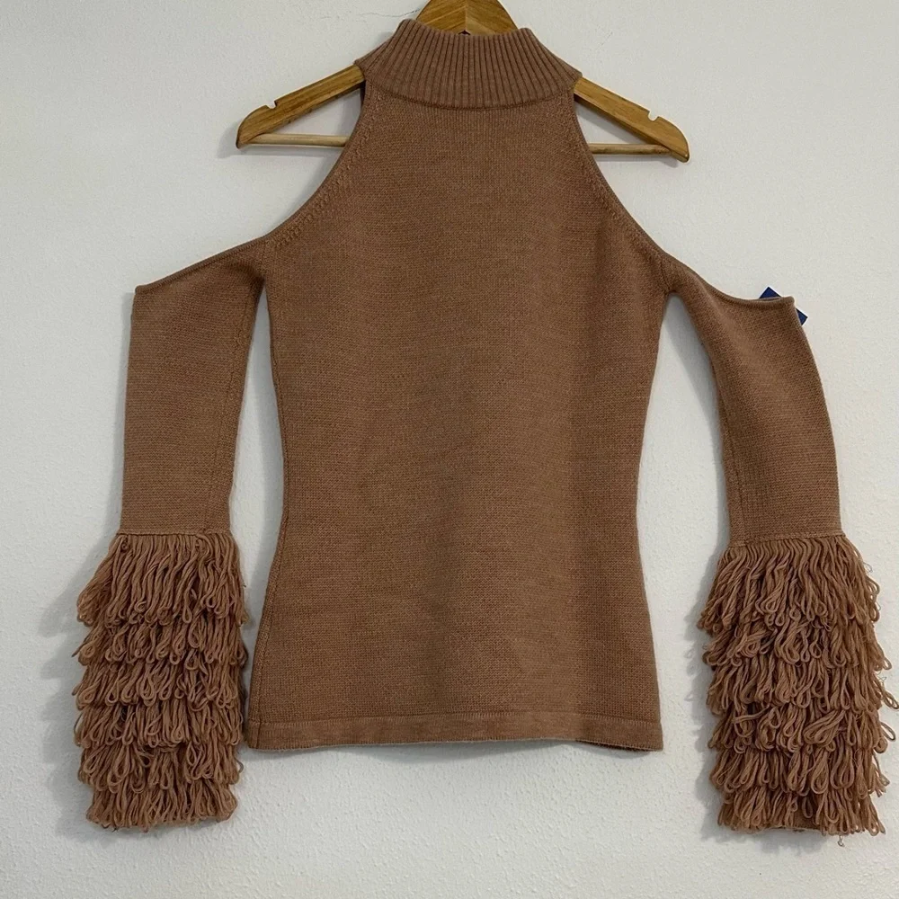Jonathan Simkhai Loopy Yarn Cold Shoulder Pullover Tan  Turtleneck Sweater